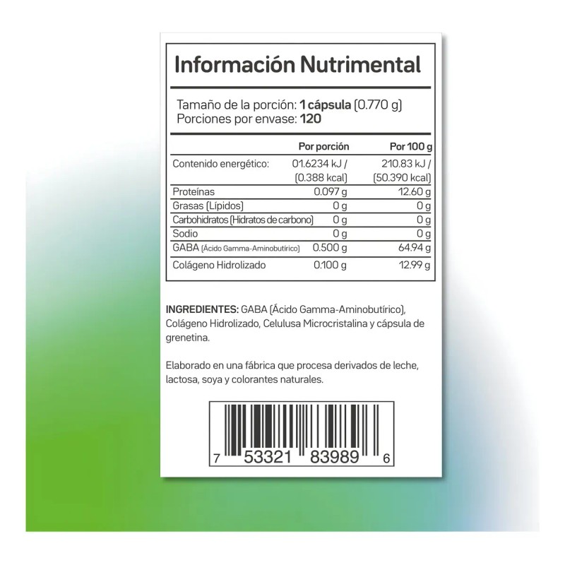Gaba Primetech 500 Mg 120 Cápsulas De Ácido Gamma-aminobutírico un
