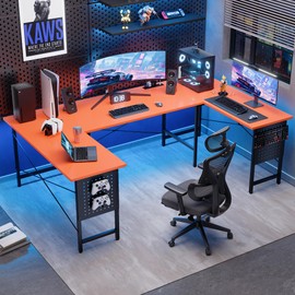 Pamray 71 Inch Large Computer Desk with Power Outlets,U Shaped Corner Desk for Home Office Work and Gaming Orange