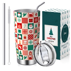 Christmas Gifts for Women and Men,20 oz Stainless Steel Santa Tumbler with Lid and Straws, Funny Insulated Travel Coffee Tumbler, Dad, Mom, Friend Wife, Husband Xmas Presents, Christmas Checkered