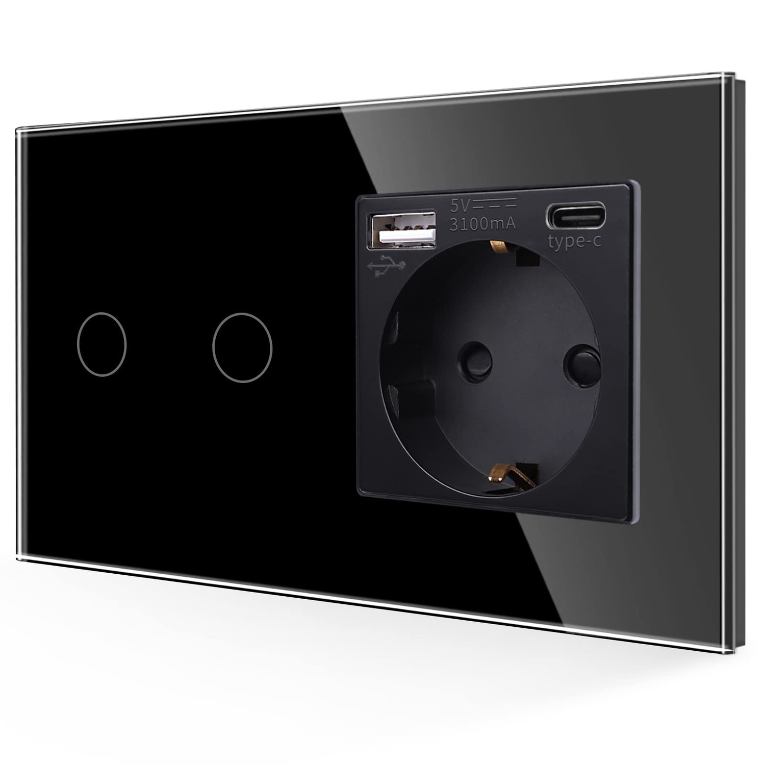 JIMEIDA USB Socket with Light Switch in Black, 16 A Glass 3-in-1 Schuko ...