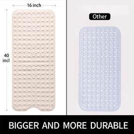 Bathtub and Shower Mats, Extra Long Non-Slip Bath Mat 39 x 16 Inch, Machine Washable Bath Tub Mat with Suction Cups & Drain Holes for Bathroom, Beige