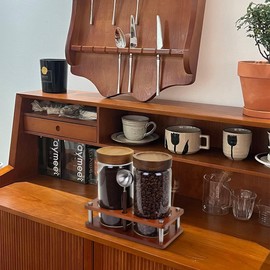 Venuekkuri Glass Coffee Grounds Container with Shelf, 2 × 45 oz Glass Coffee Canisters with Airtight Thread Lid, Storage Jars with Stainless Steel Spoon for Coffee Bean, Sugar,Nut