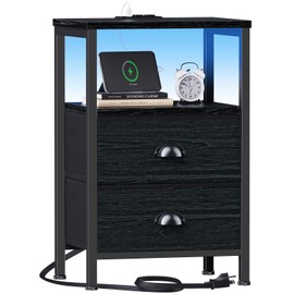 Furologee Nightstands with Charging Station, End Table with LED Lights, Black Night Stands with 2 Fabric Drawers, Bedside Tables with Shelves for Living Room/Bedroom,Black Oak