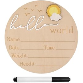 Wooden Hello World Newborn Sign - Cute Birth Announcement Board Welcome Baby Name Plaque for Nursery Hospital & Baby Shower Photo Props