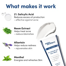 Man Matters Clear 2% Salicylic Acid Face Wash for Men | Helps to Reduce Acne, Dark Spots & Oil Production | Formulated with Salicylic Acid, Neem Extract and Menthol | 100ml