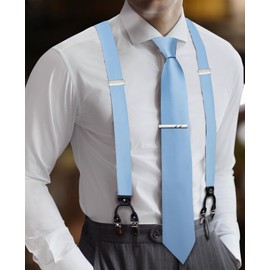 Barry.Wang Men Suspender Set with Necktie Elastic Y Type Heavy Duty 6 Clips Braces Tie Handkerchief Cufflink Pin 6PCS, Sky Blue, One Size
