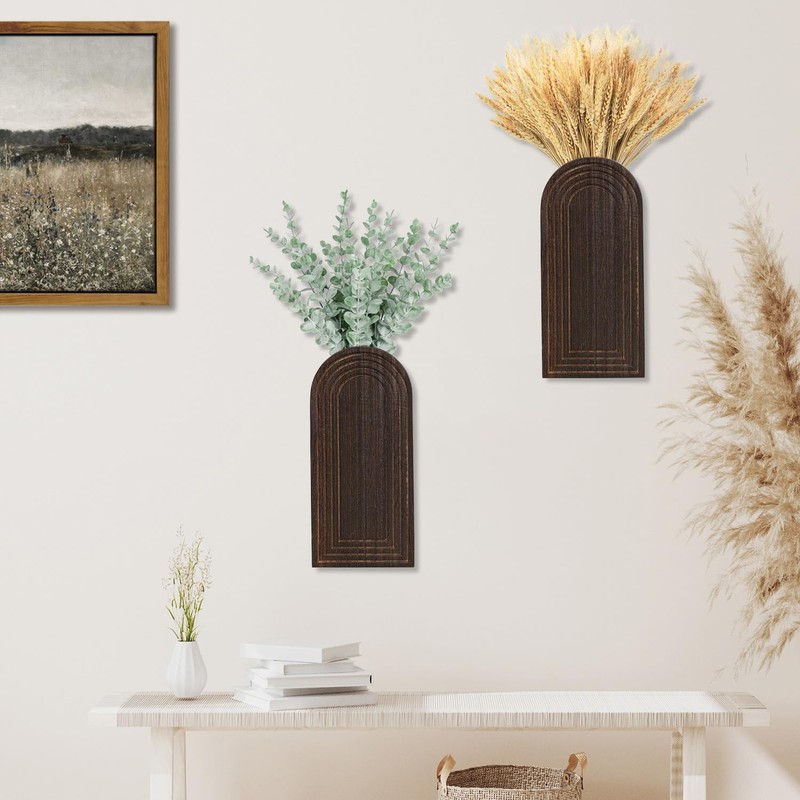 Dnnnii 2 Pack Wooden Wall Vase Set - Dark Brown