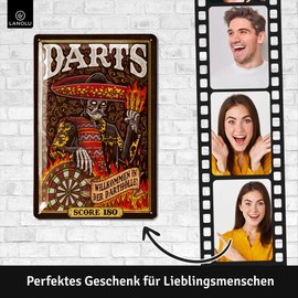 LANOLU Retro Tin Sign Darts Hell - Bar and Party Room Decoration, Irish Pub Decoration, Funny Gift for Men, Vintage Metal Sign with Punching and Curve, 20 x 30 cm