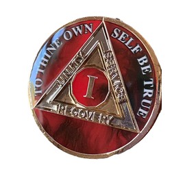 1 Year AA Medallion Lava Red Tri-Plate Sobriety Chip Serenity Prayer Back