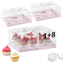 JCD 3 Pcs Pink Cake and Cupcake Combo Bento Boxes with Clear Lid Fit 8 Cupcake and 1 Mini Cake for Valentine Wedding Birthday Party Bakery Supplies(Pink 1+8/3Pcs)