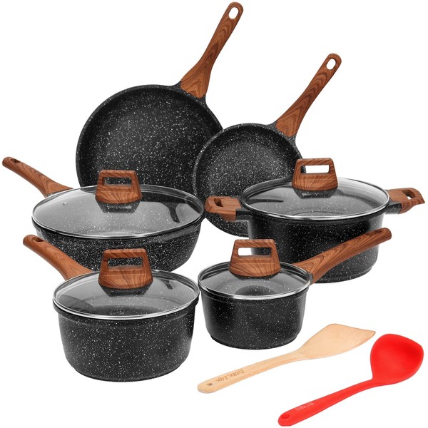 ESLITE LIFE Nonstick Cookware Sets, 12 Pcs Granite Coating Pots and Pans Set Kitchen Cooking Set, Compatible with All Stovetops (Gas, Electric & Induction), PFOA Free