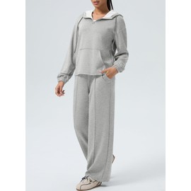 Aleumdr 2 Piece Sweat Suits for Women Casual Long Sleeve Half Zip Top Kangaroo Pocket and High Waisted Athletic Pants Two Piece Lounge Sets Light Grey X-Large