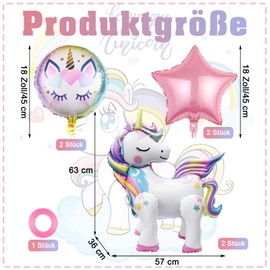 KOBOKO Stehend Einhorn Luftballon, 6 Stk Folienballon Einhorn Deko Kindergeburtstag, 3D Einhorn Ballon Geburtstag Deko Mädchen, Einhörner Deko Luftballons, Unicorn Deko Stern Helium Ballons Party Deko