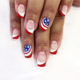 4th of July Nails Medium Press on Nails Square Fake Nails American Flag Five-pointed Star Designs Glue on Nails Red French Tips Independence Day False Nails Press ons for Women Girls 24 Pcs