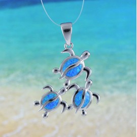 Beautiful Hawaiian Mom & 2 Baby Opal Sea Turtle Necklace, Sterling Silver Blue Opal Sea Turtle Family Pendant, N6173A