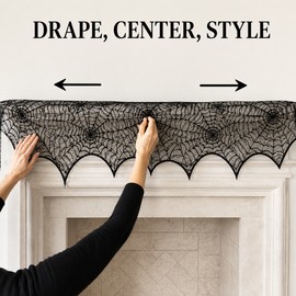 Halloween Black Lace Spiderweb Mantel Scarf - 18x96 Inch Fireplace Decor Cover for Spooky Party and Home Displays