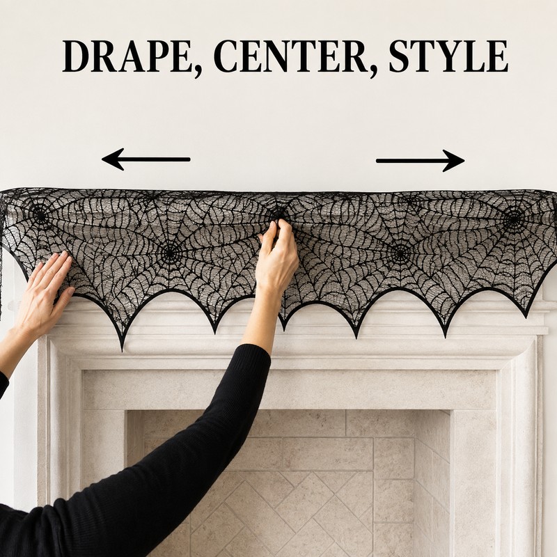 Halloween Black Lace Spiderweb Mantel Scarf - 18x96 Inch Fireplace