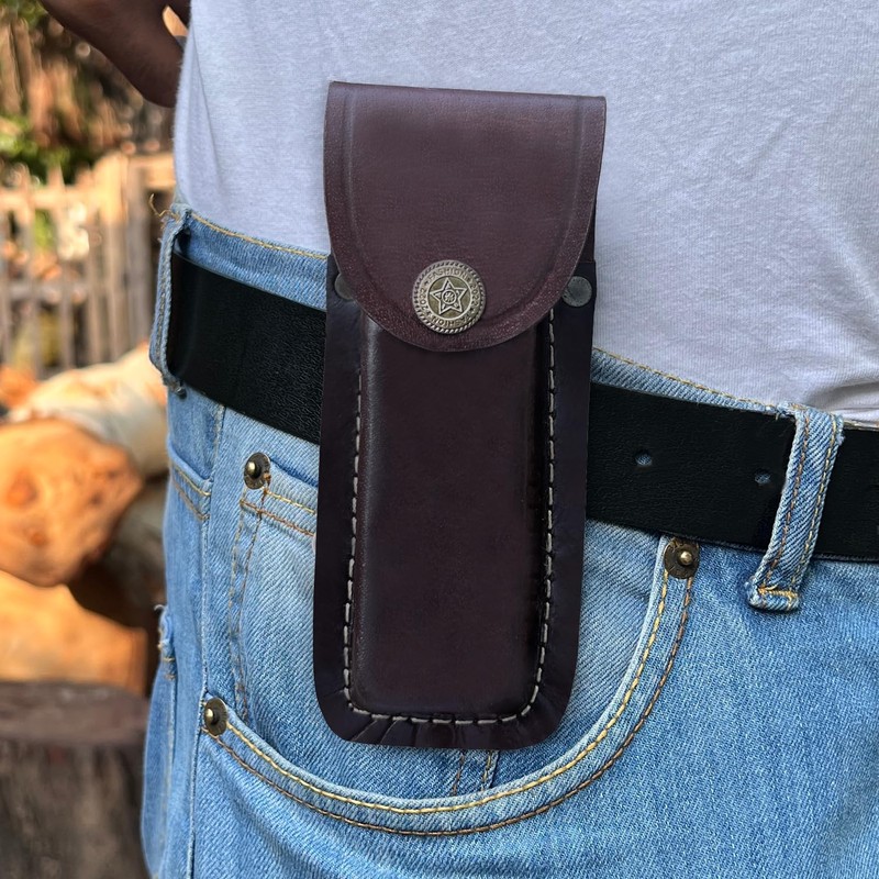 LEATHUX Leather Knife Sheath for Belt, Handmade 5.5” Folding Knife