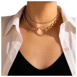 Erimberate Punk Circle Karma Necklace Choker Geometric Circular choker Necklace Layered Tennis Chain Necklace Gold Cuban Link Collarbone Necklace Chain Jewelry for Women and Girls