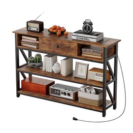 Mexin 47 Inch Console Table with 2 Outlet and 2 USB Ports, Entryway Table with Drawer and Storage Shelves, Narrow Sofa Table for Living Room and Hallway, Vintage Brown