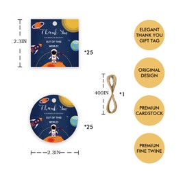 50pcs Outer Space Thank You Tags, Rocket Ship Gift Tag with String for Baby Shower Party, Round Thank You Paper Tags for Boy Birthday/Space Themed Party Favors