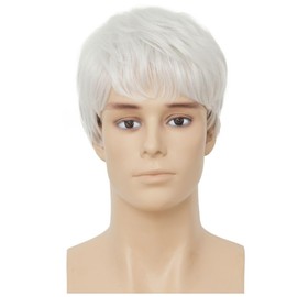 Salaibs White Short Mens Wig Synthetic Natural Layered Male Hair Wig with Bangs Daily Party for Wig Cap