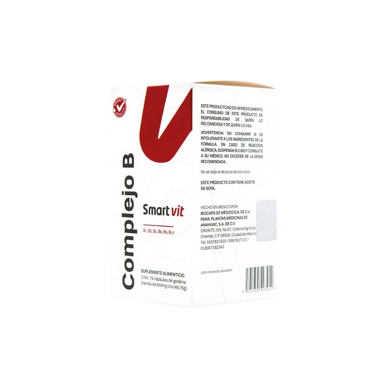 Smart Vit Complejo B 75 capsulas Suplemento Alimenticio Bio Caps