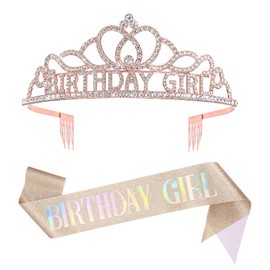 Birthday Crown Pink Birthday Sash Birth day Tiara for Girls Women Princess Crown Birth day Girl Sash Rhinestone Headband Hair Accessories Party Favors