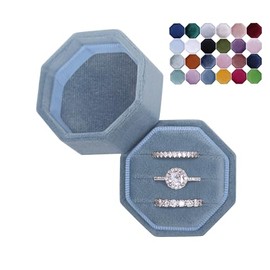BLUTETE Velvet 3 Slots Jewelry Ring Box Engagement Wedding Box Keepsake Box Bridal Photo Ring Triple Slots Octagon (Ocean Blue)