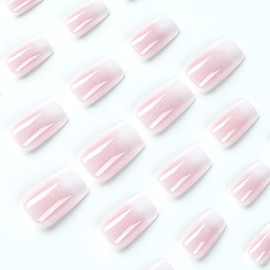 Clataly 24 Pcs Butterfly Stars Gradual Fake Nails Nude Pink False Nails Rhinestone Flowers Press on Nails Full Cover Fake Nails for Women and Girls (F)