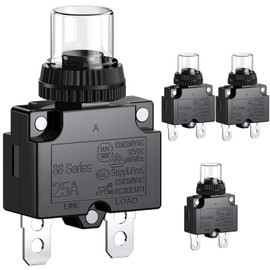 CLDIY 25A Circuit Breaker with Thermal Overload Protection, 88 Series Manual Push Button Reset with Quick Connection Terminals and Waterproof Keycap 32VDC or 125/250VAC, 4 Pieces