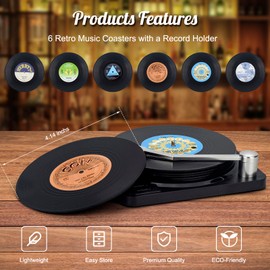 Valdivia Retro Vinyl Record Coasters with Player, Music Coasters Set of 6 for Drinks, Bars, Office, Coffee, Housewarming Gifts for New Home Decoration, Unique and Cool Music Lovers Birthday Gifts