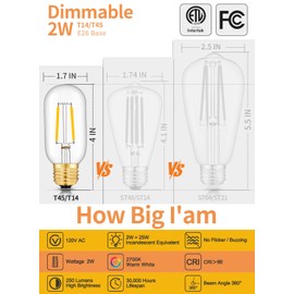 CRLight T14 Tubular LED Filament E26 Bulb, 2W 25W Equivalent 250LM 2700K Warm White, 6 Pack Dimmable Light Bulbs