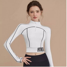 Cover-up Crop Top Mock Neck Workout Wear Breathable Padded White Beige Black Fitness Crop Top Beige L