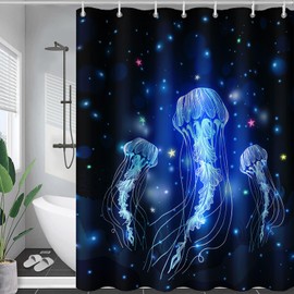 AILONEN Jellyfish Shower Curtain Set, Hand Painted Star Jellyfish Shower Curtain Liner Bathroom Decor,Glittering Ocean World Cloth Bath Curtain for Girls Boys Child Teens,72" W*78" H