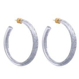 Gold Plated Sterling Silver Clear Lucite/Silver Glitter 60MM Large Open Hoop Earrings - Round Flat Edge