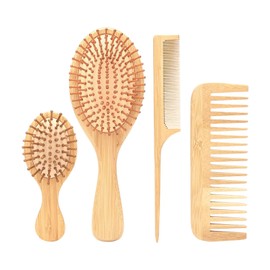 Amagogo 4Pcs Bamboo Hair Brush Set Wide Comb and Tail Comb Comfortable Handle Detangling Hair Combs for Baby Kids Child Salon Girls