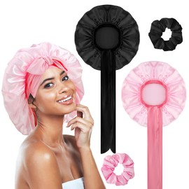 Guiqulai 2 PCS Satin Bonnets for Sleeping Silk Bonnet Hair Bonnet for Women Curly Natural Hair Large Tie Band Braid Bonnet with 2 PCS Hair Scrunchies, Black & Pink