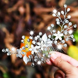 YBSHIN Bride Wedding Flower Hair Comb Silver Rhinestone Hair Pieces Crystal Bridal Hair Accessories for Women