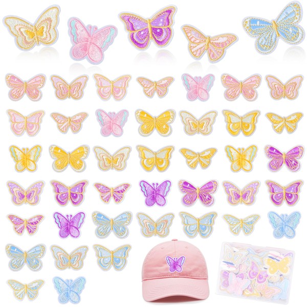 NICEVINYL Butterfly Embroidered Iron on Patches: 40pcs Pastel Butterfly Applique Sew on Patch