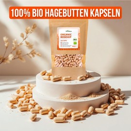 RheinNatur Bio Hagebutten Kapseln 250 Stück - 2000 mg je Tagesdosis - Reine Bio Hagebutten gemahlen in pflanzlicher Kapselhülle, vegan - Reich an Vitaminen, Mineralstoffen & Antioxidantien