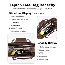 FADEON Large Laptop Tote Bag for Women Designer Leather Laptop Bag Fashion Travel Backpack Purse Shoulder Handbag Coffee Brown