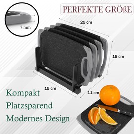 KPYTO Breakfast Boards Set of 4 with Black Stand, 25 x 15 cm, Dishwasher Safe on Both Sides, Non-Slip with Juice Groove and Handle, Chopping Boards Black Plastic, Small, Antibacterial
