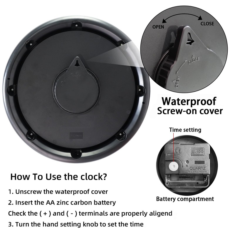 Caysie 12 Inch Sealed Indoor Outdoor Clock Waterproof, Silent Battery