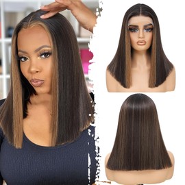 Short Bob Wigs for Black Women 13x4x1 T Part HD Synthetic Lace Front Wigs Black Mix Brown Wigs Blunt Cut Glueless Wig Straight Synthetic Wigs for Party and Daily Use