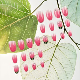 Watermelon French Tips Press on Nails Gold Glitter Stick on Nails Rhinestones Acrylic Fake Nails 24 Pcs Short Oval Glossy Pink Gradient False Nails Gel Glue on Nails Manicure for Coquette Women Girls