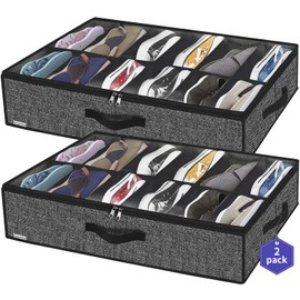 Onlyeasy Onlyeasy Sturdy Under Bed Shoe Storage Organizer, Set of 2, Fit 12 to 24 Pairs, Underbed Shoes Closet Storage Solution with Clear Window, Breathable, L29.3"x W23.6"x H5.9", Linen-like Black, MXAUBSB2P