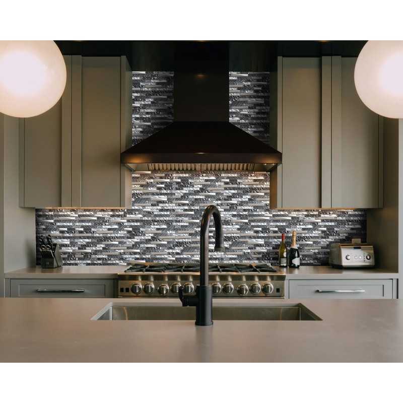 Elephantile Black & White Glass Linear Tile for Kitchen Backsplash