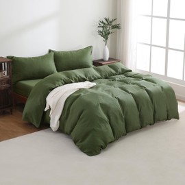Triton French Linen Duvet Cover Set 3PCS Queen Size 92x92Inch,100% Natural Linen Duvet with Coconut Button Closure,Breathable Soft Washed Flax Bedding Comforter with 2 Pillowcases(Green,Full/Queen)