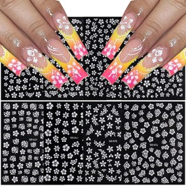 Vezocim Flower Nail Art Stickers Decals, White Flower Nail Self-Adhesive Sticker Designs, 3D Spring Floral Leaf Nail Transfer Decal Acrylic Supplies for Women Girls Manicure Summer Charm Decorations